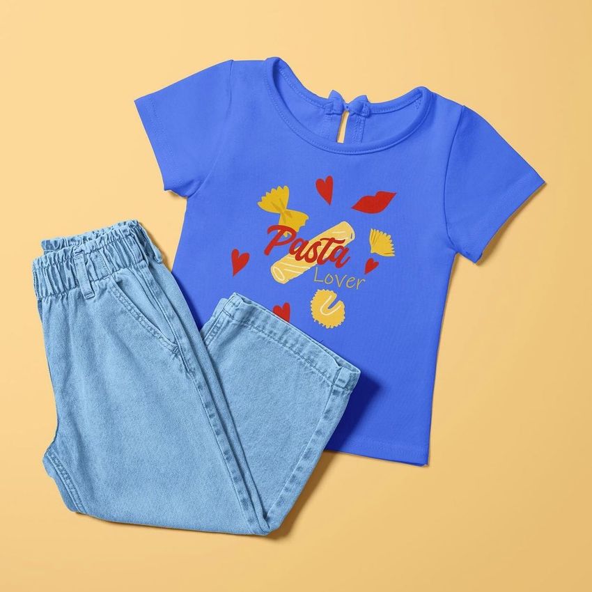 Kids t-shirt and jeans mockup featuring a blue shirt with pasta-themed graphics and light blue denim pants on a yellow background.