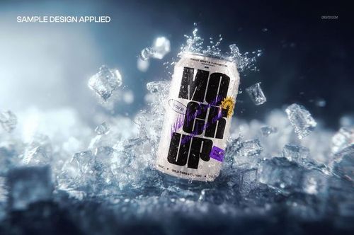 Soda can with bold graphic design surrounded by crushed ice cubes, shown in a close-up perspective mockup scene.