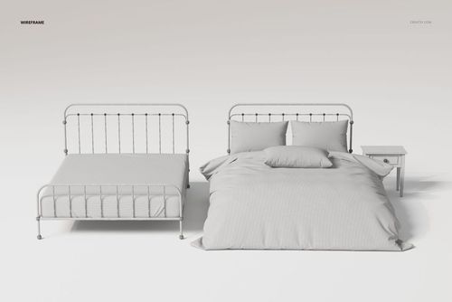 Metal slatted headboard bed with matching bedding set and pillows, shown from a front view on a plain background.