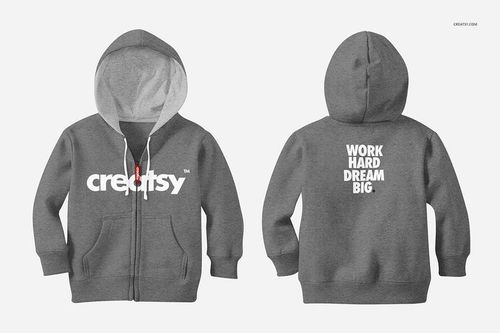 Kids hoodie mockup in heather gray shown from front and back, featuring white text designs and drawstring hood.