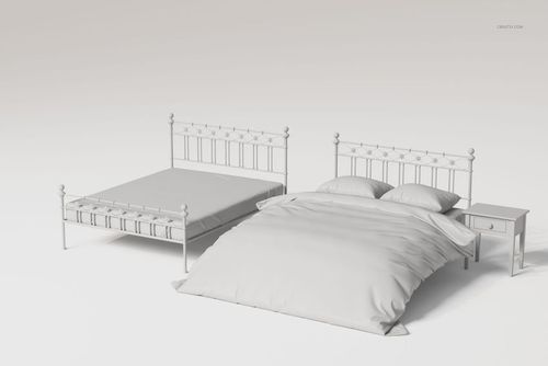 Front view of a vintage headboard bed with matching bedding and pillows, shown in a neutral white 3D render scene.
