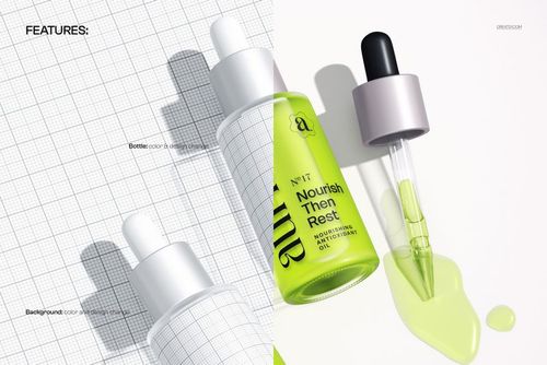 Dropper bottle mockup with spilled green serum, shown in close-up on a split background with grid and solid color.
