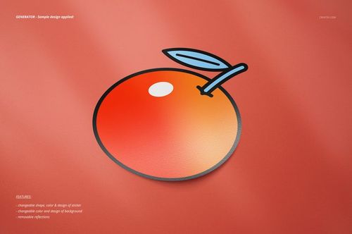 Sticker mockup featuring a circular orange fruit design and green leaf on a coral surface, close-up perspective.