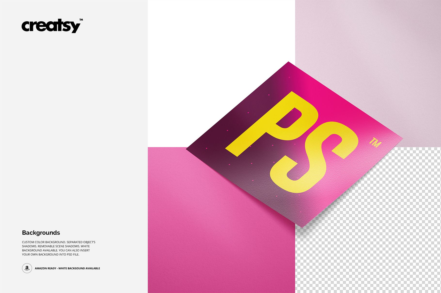 Sticker mockup featuring a square sticker with yellow PS text on pink, placed on layered white, pink, and transparent backgrounds.