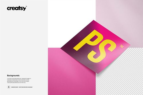 Sticker mockup featuring a square sticker with yellow PS text on pink, placed on layered white, pink, and transparent backgrounds.