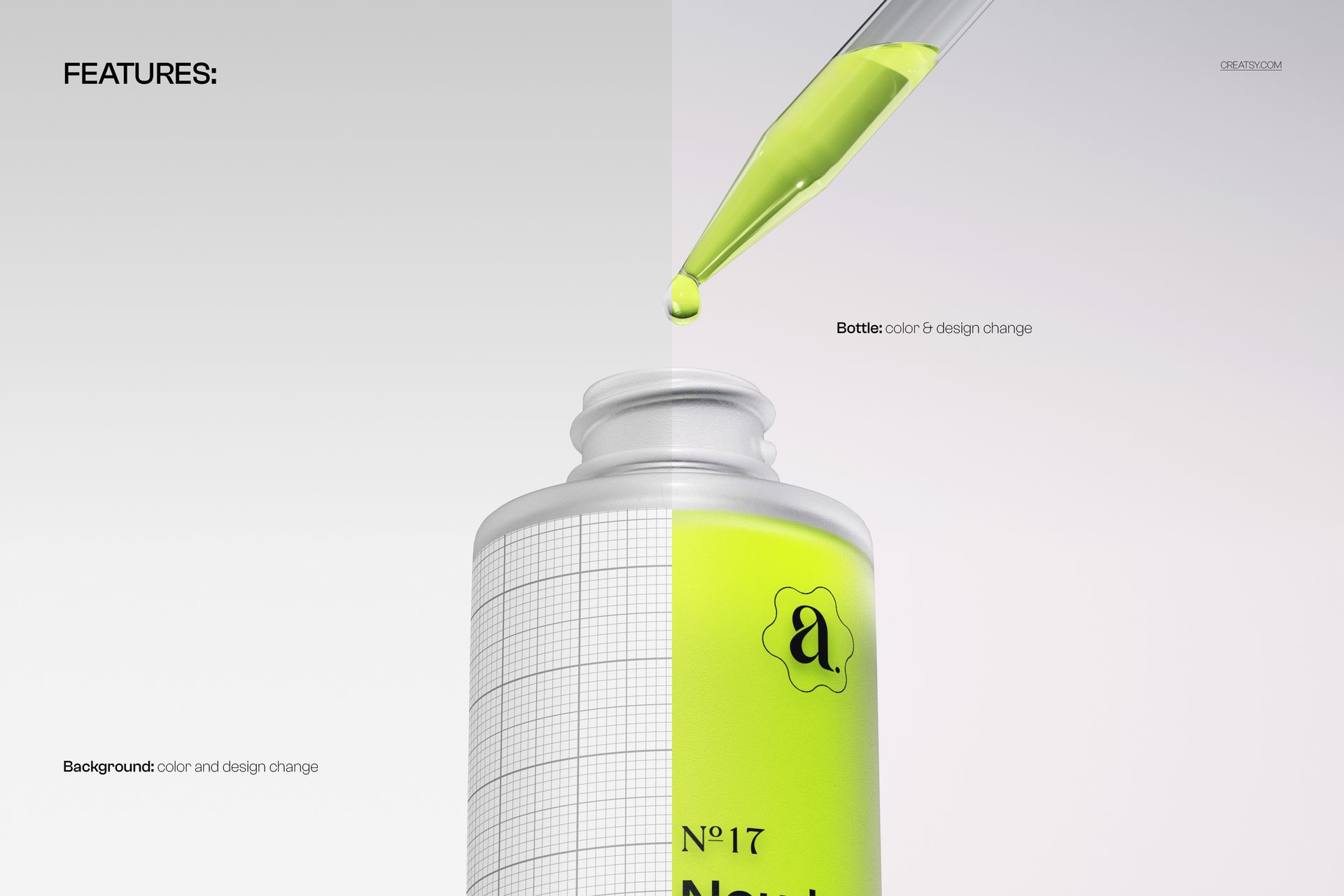 PSD mockup showing a pipette dispensing liquid over a dropper bottle neck, with a grid and vibrant green color scheme.