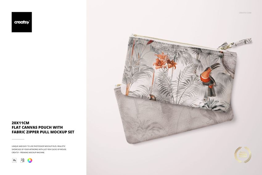 Flat canvas pouch measuring 20x11cm with fabric zipper pull, featuring tropical foliage and bird patterns, shown in top view.