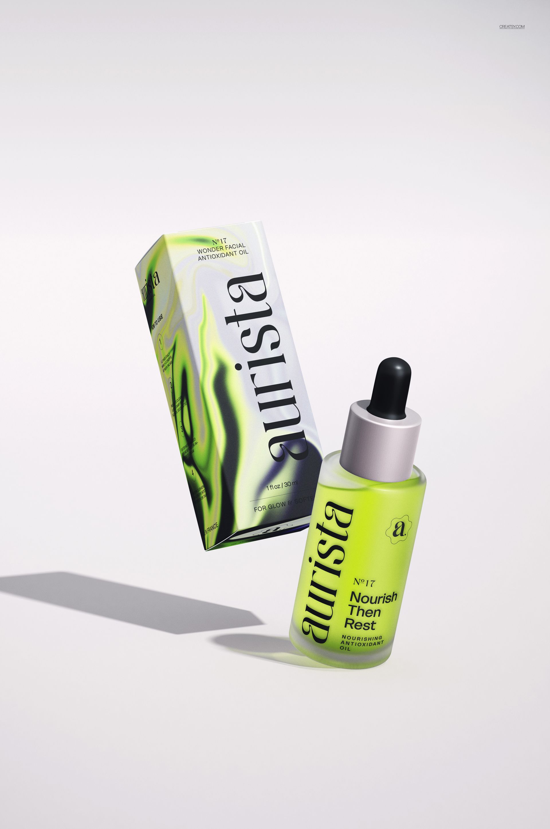 Dropper bottle mockup with black cap and green label beside a similarly styled box, shown from a front angle.