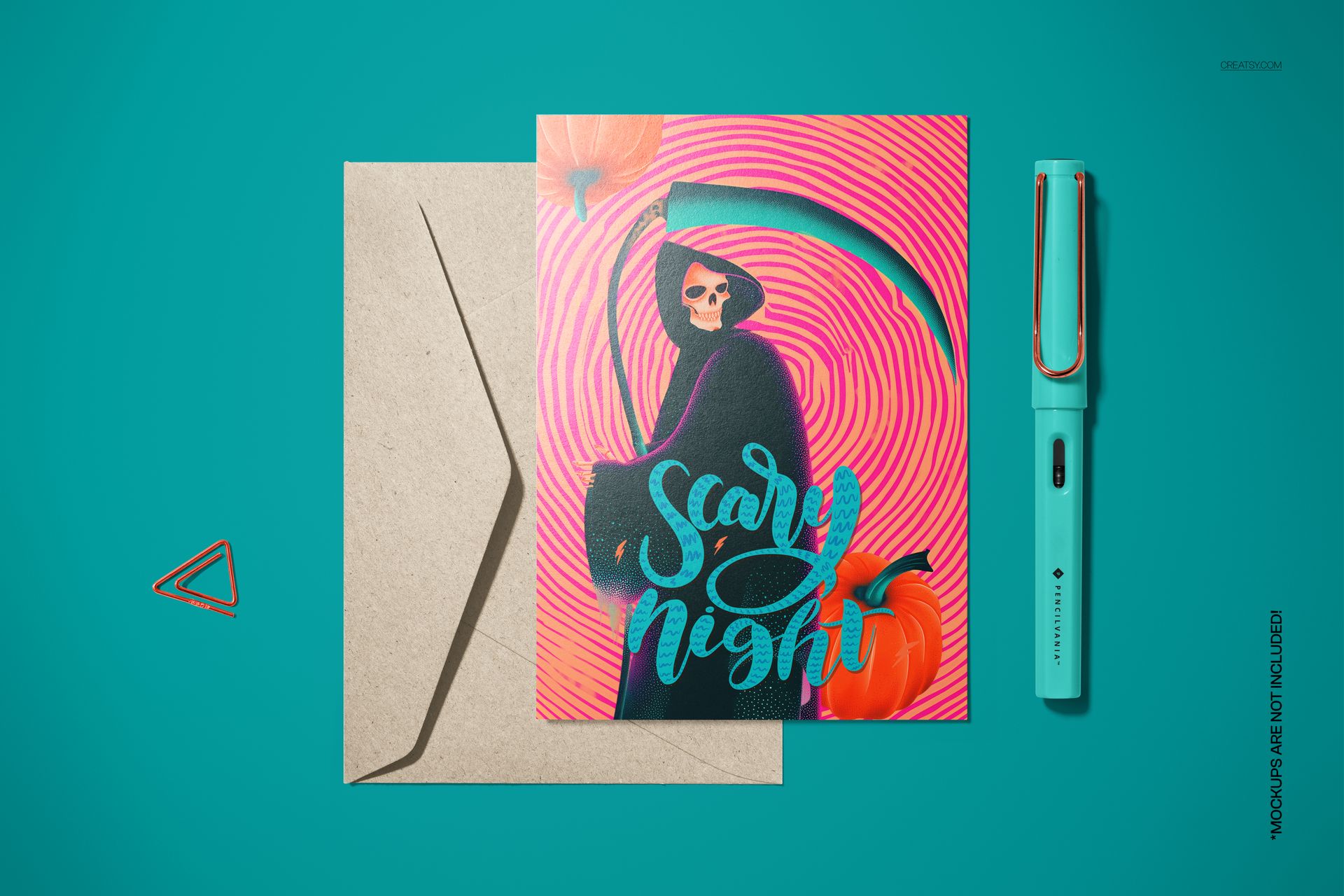 Halloween card mockup with a scary grim reaper design, pumpkins, and swirling patterns, placed beside an envelope and teal pen.