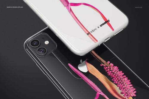 Angled display of iPhone 11 clear case mockup set, showcasing colorful floral patterns on both white and black cases.