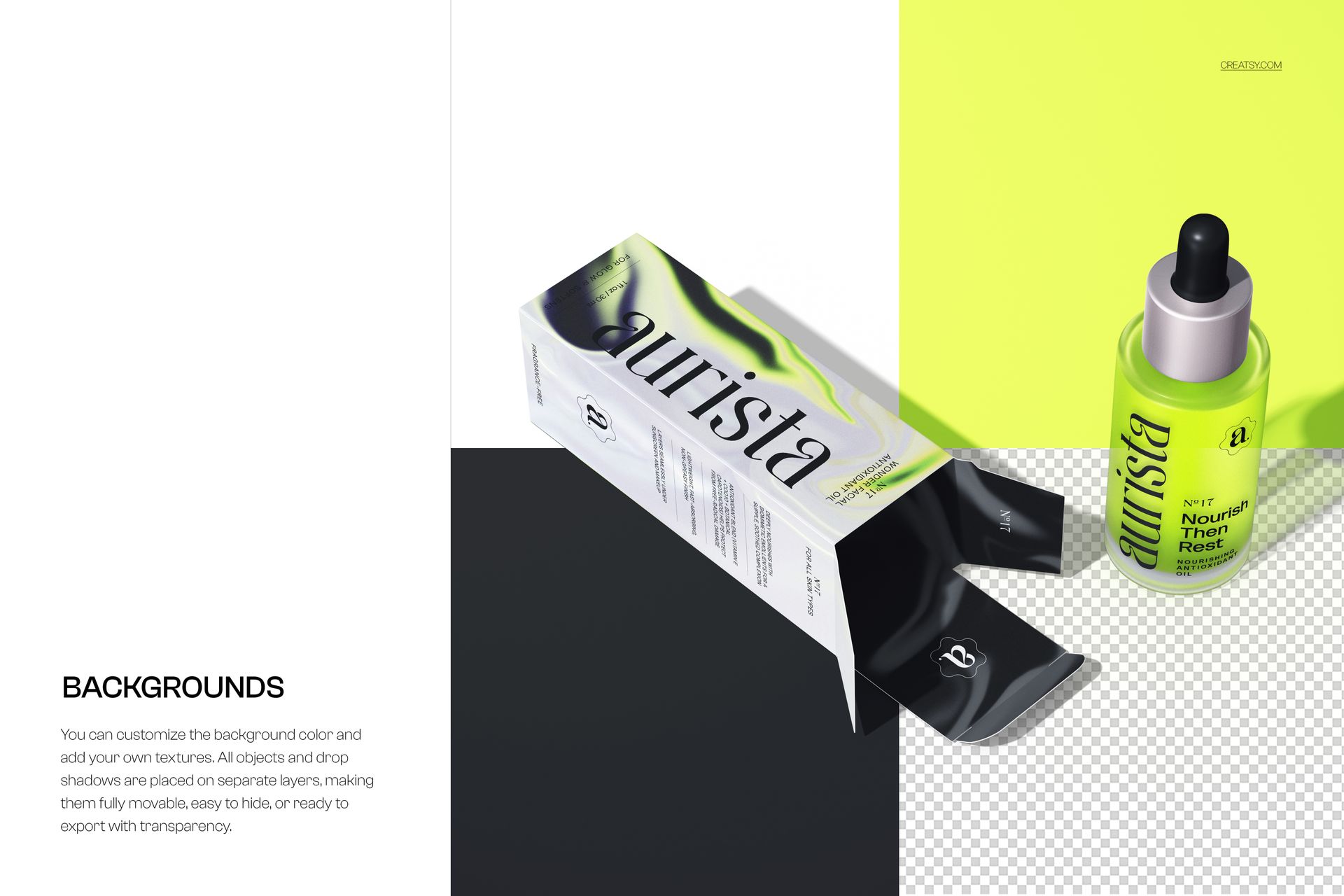 Cosmetic dropper bottle and open box packaging mockup shown on a split black, white, and neon yellow surface.