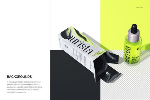 Cosmetic dropper bottle and open box packaging mockup shown on a split black, white, and neon yellow surface.
