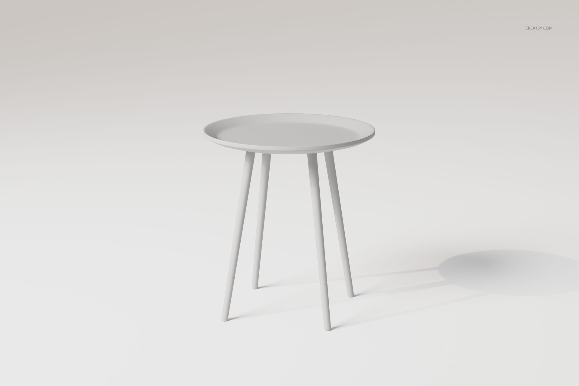 Geometric side table with a round top and three angled legs, shown in a minimalist white setting, front view.