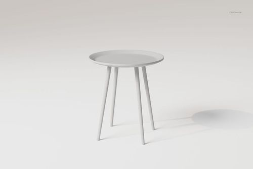 Geometric side table with a round top and three angled legs, shown in a minimalist white setting, front view.