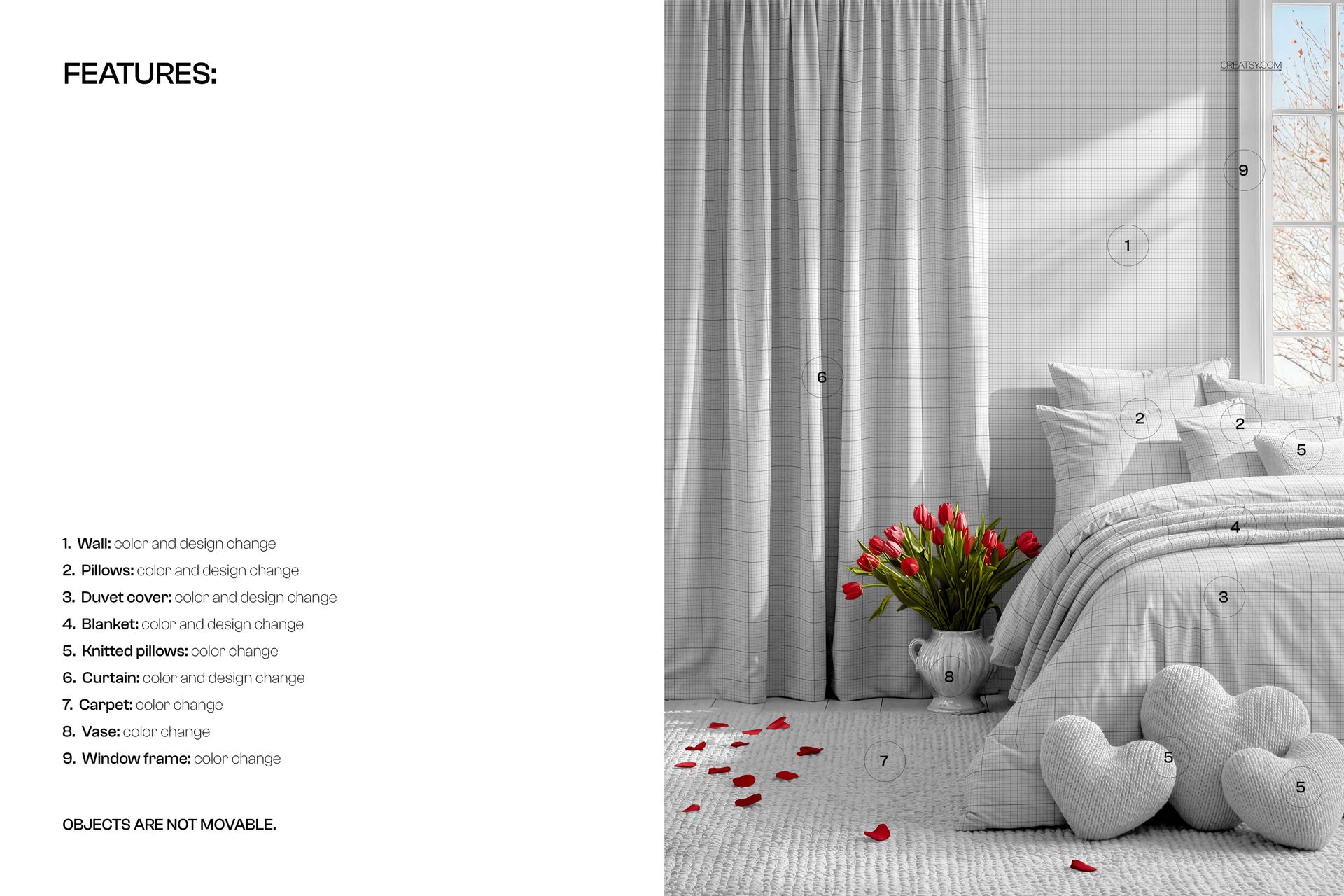 Front view of a bedroom mockup with white bedding, heart-shaped pillows, tulips in a vase, and light curtains.