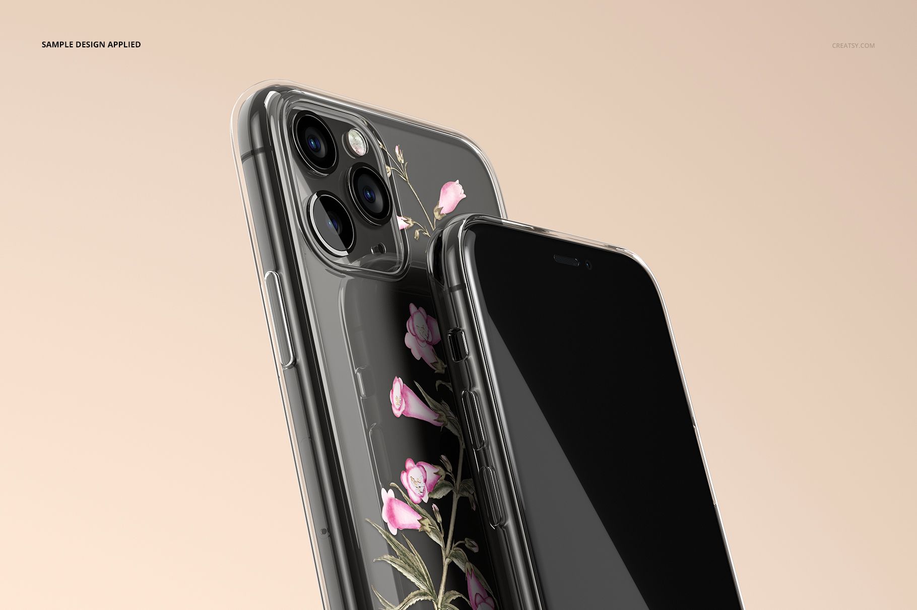 PSD mockup displaying two iPhone 11 Pro models in clear cases, one with a botanical pattern, set against a soft beige background.