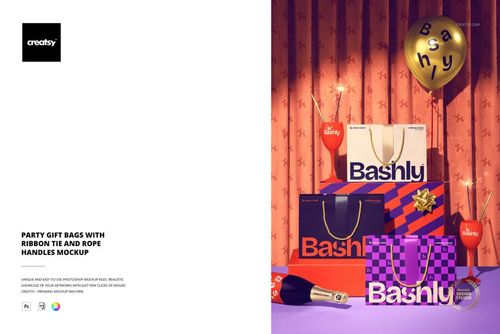 PSD mockup of party gift bags with rope handles and ribbon ties, shown in various colors and geometric designs on a festive background.