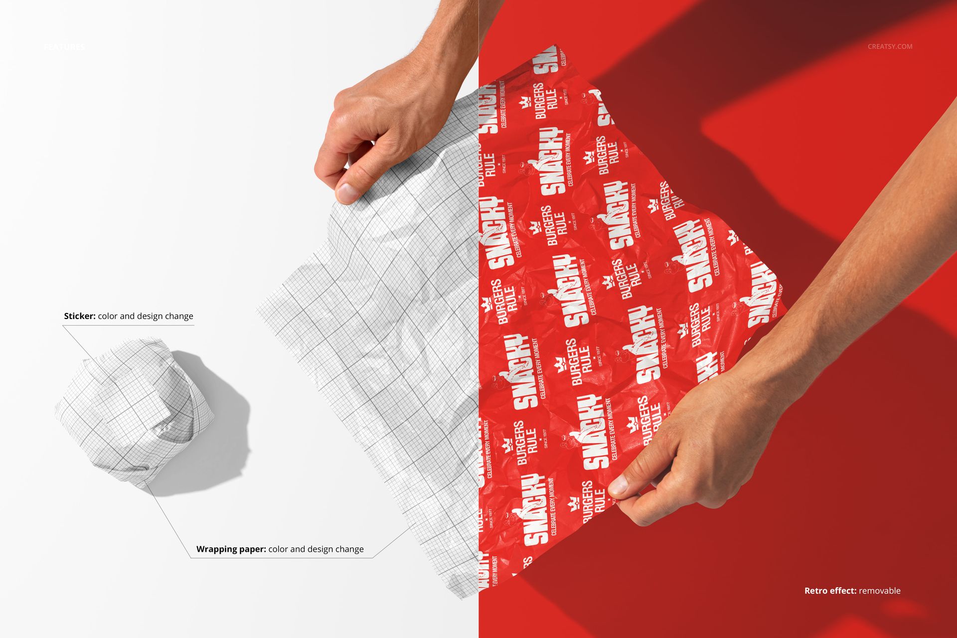 Burger wrapping paper mockup showing two hands holding grid-patterned and red branded sheets, top view split scene.