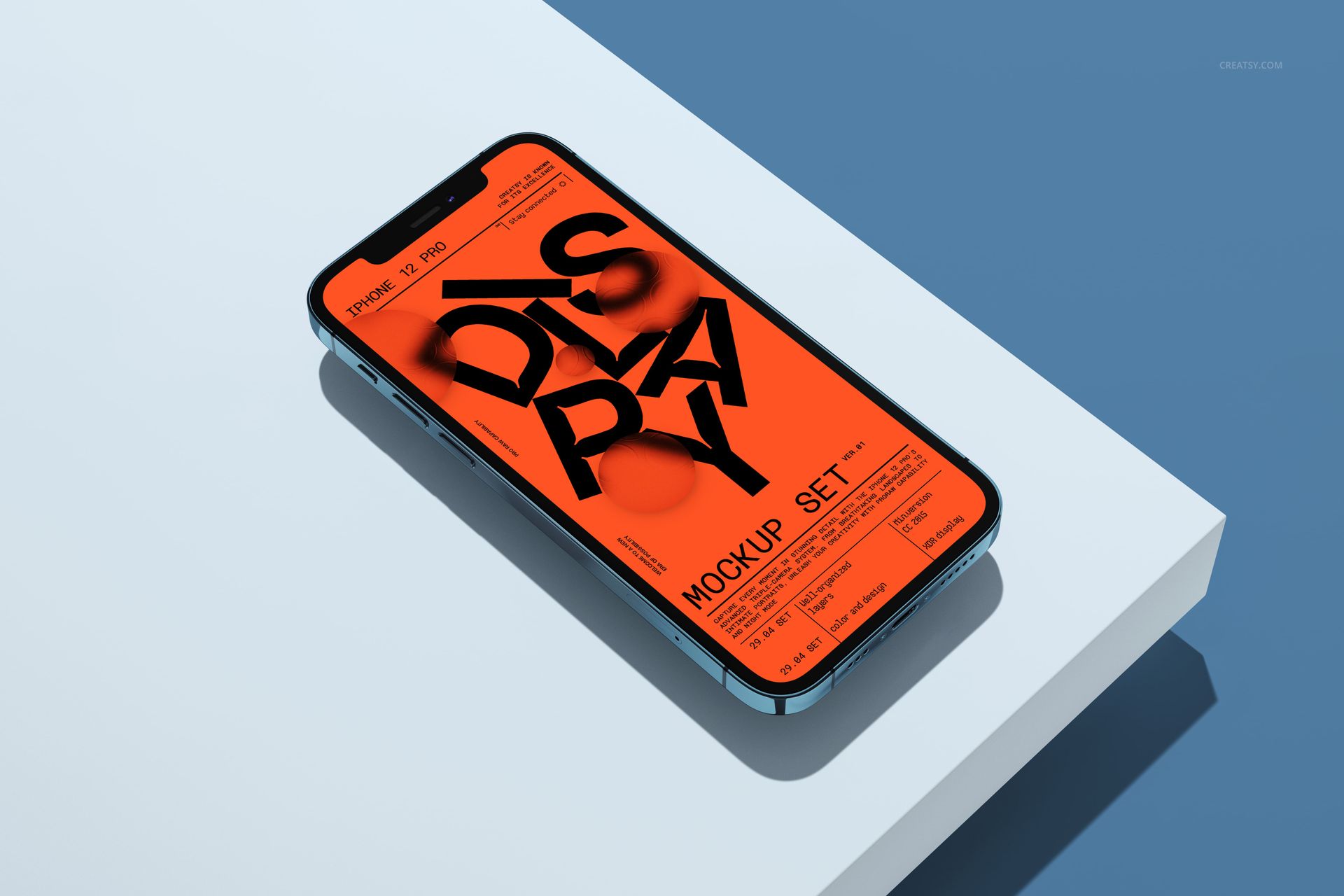 Front view of an iPhone 12 Pro with an orange screen mockup, placed on a white surface against a blue background.