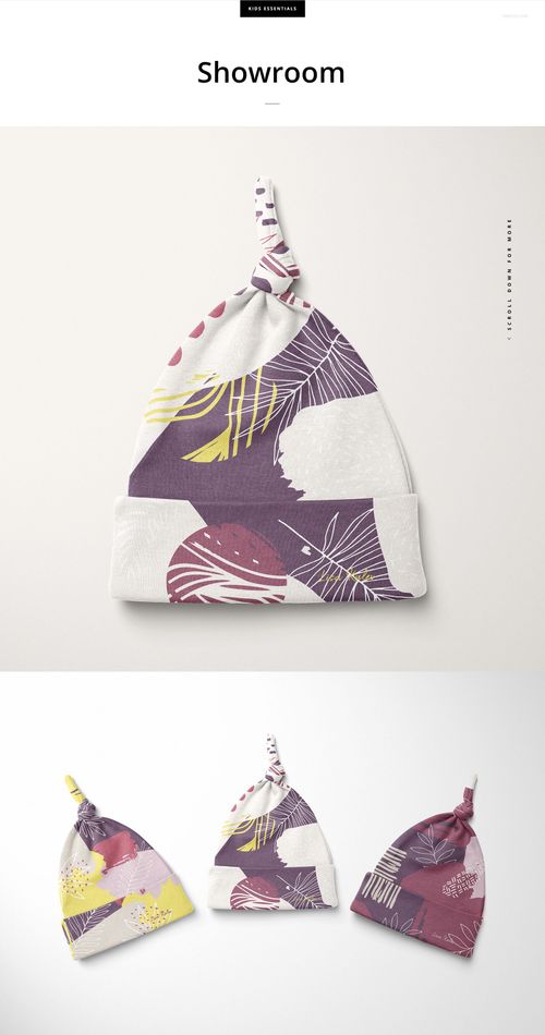 Set of three baby knotted hats mockup featuring colorful abstract designs, shown from the front on a light surface.