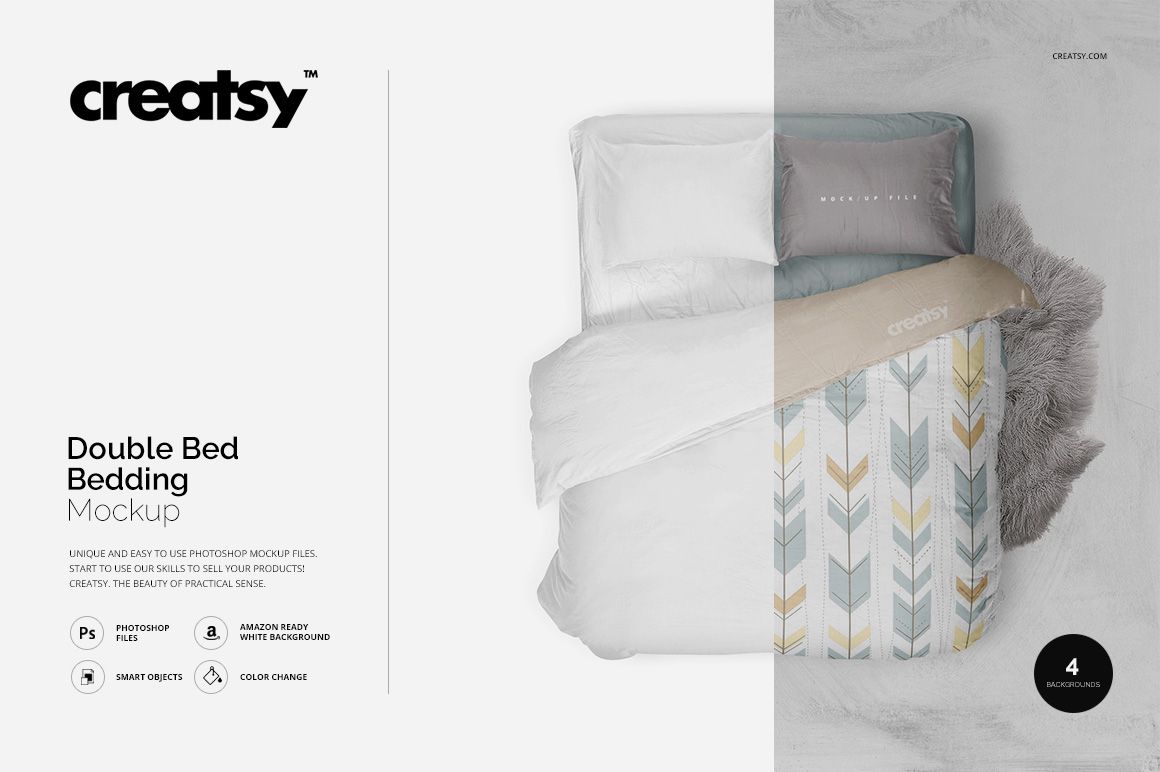 Double bed bedding set mockup with geometric arrow pattern in soft gray, yellow, and beige tones, top view.