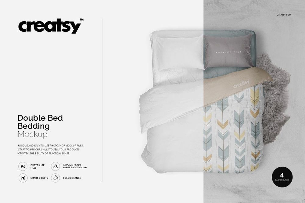 Double bed bedding set mockup with geometric arrow pattern in soft gray, yellow, and beige tones, top view.