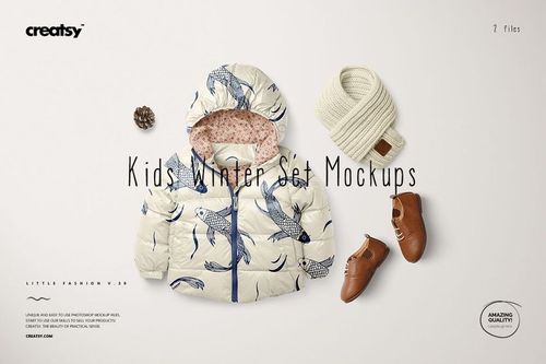 Front view of a kids winter set mockup featuring a patterned puffer jacket, white knit scarf, brown shoes, and a pine cone on a light background.
