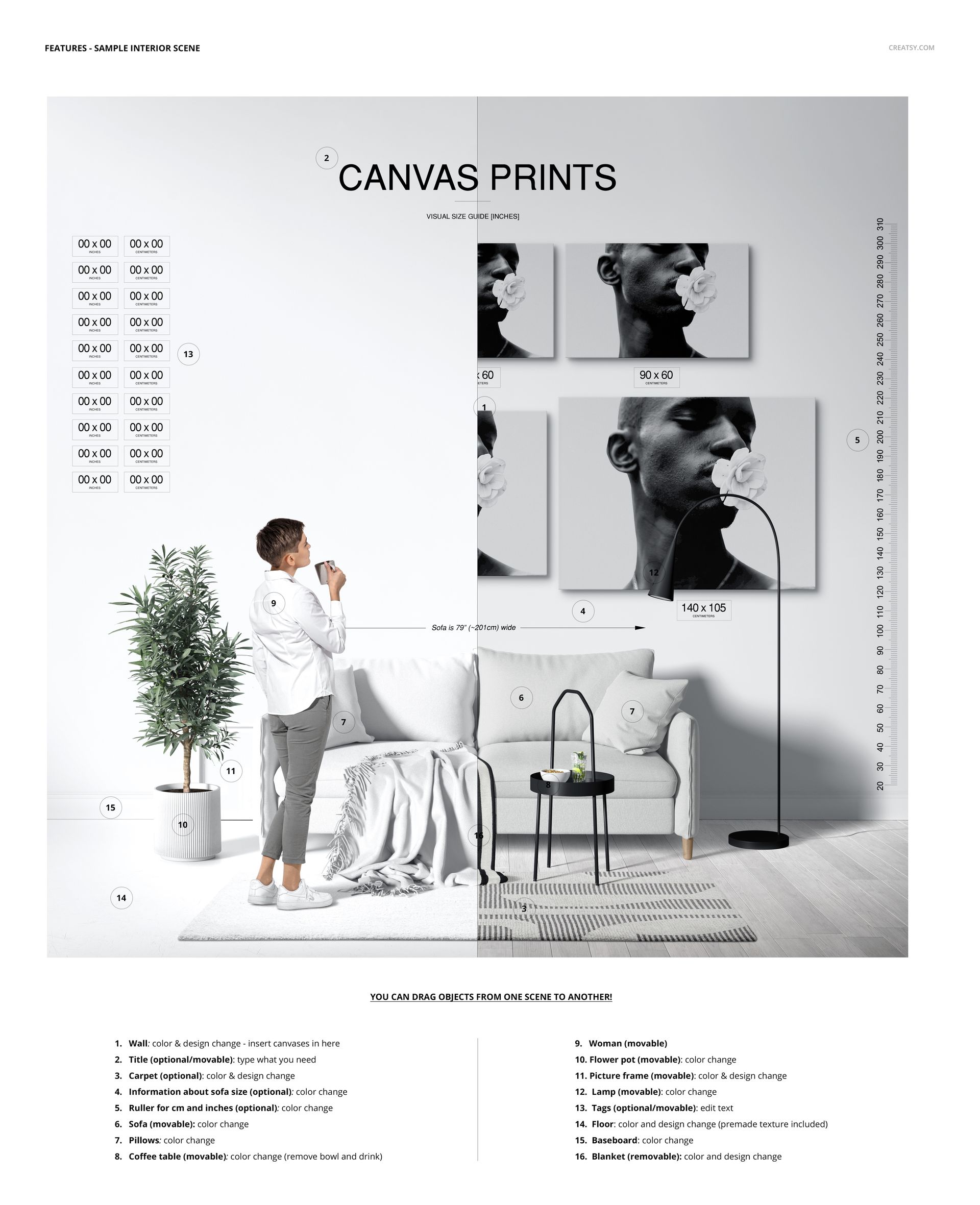 Canvas print mockup set showing different artwork sizes on a light wall, with minimalist furniture and a tall plant nearby.