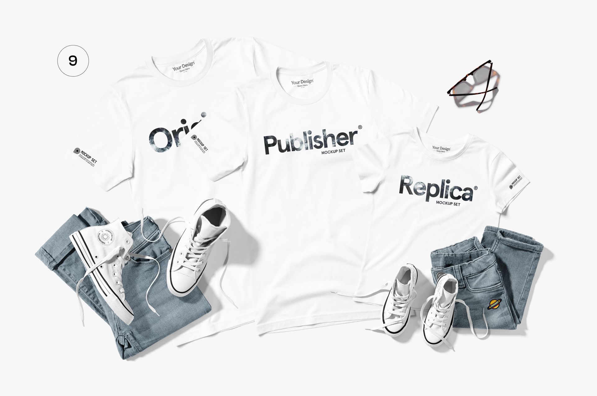 PSD mockup showing three white shirts arranged with casual blue jeans, white shoes, and eyeglasses in a family apparel scene.