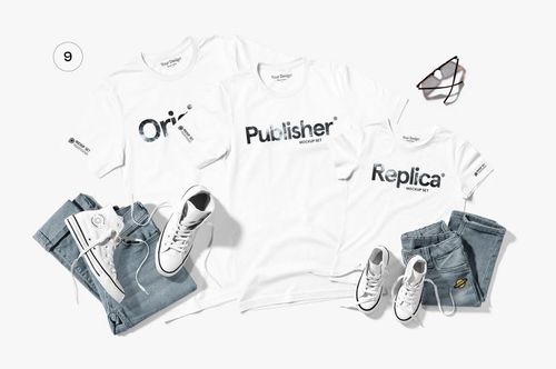 PSD mockup showing three white shirts arranged with casual blue jeans, white shoes, and eyeglasses in a family apparel scene.