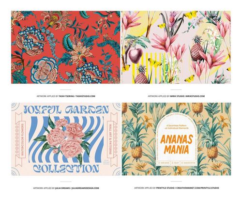 Four women’s fashion accessories mockup scenes with vibrant floral and tropical patterns, arranged in a grid layout.