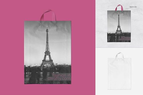 Set of three plastic bag mockups, including a bag with Eiffel Tower artwork, displayed on colored and neutral surfaces.