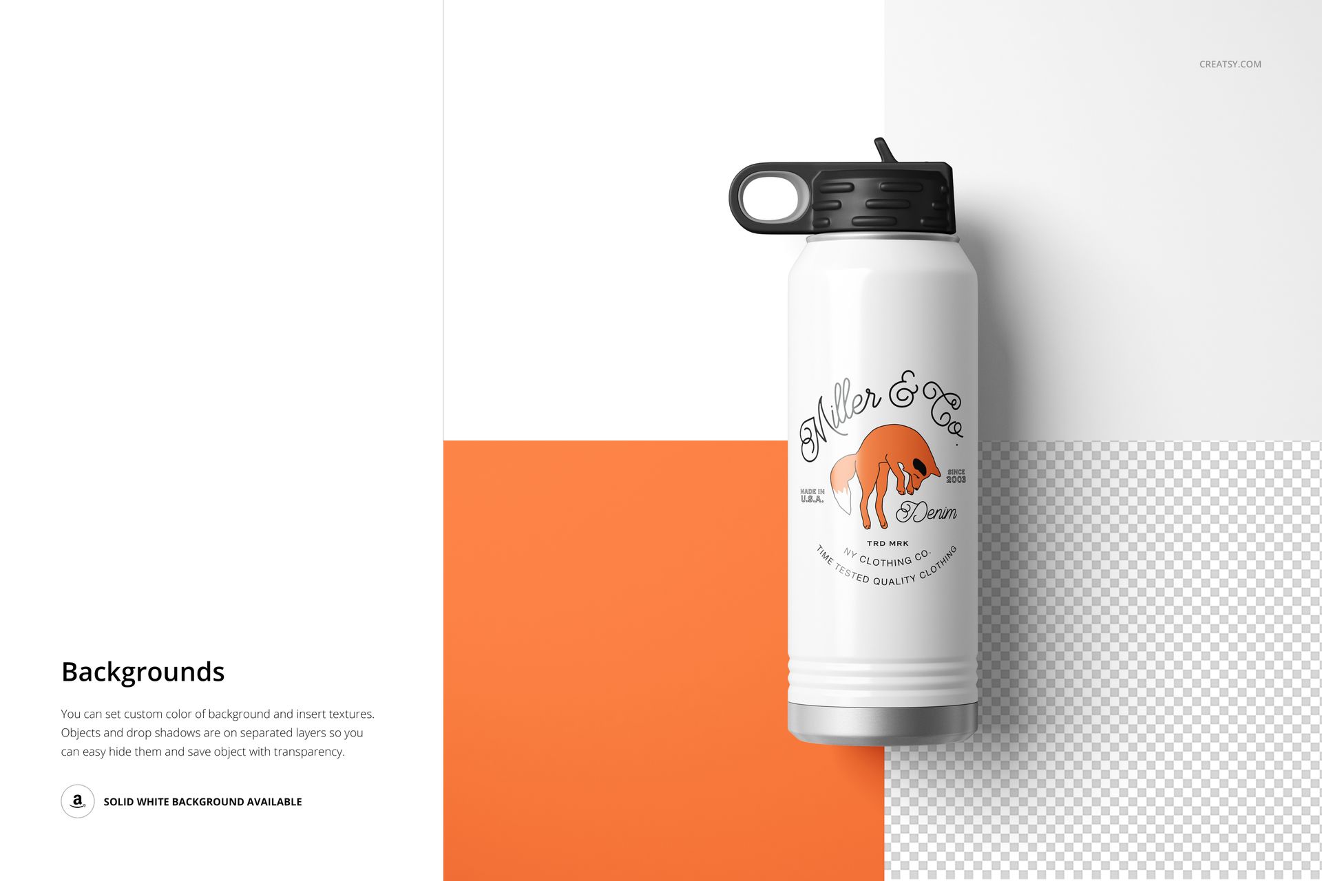 PSD mockup of a white water bottle with black lid, positioned on orange, white, and transparent textured sections.