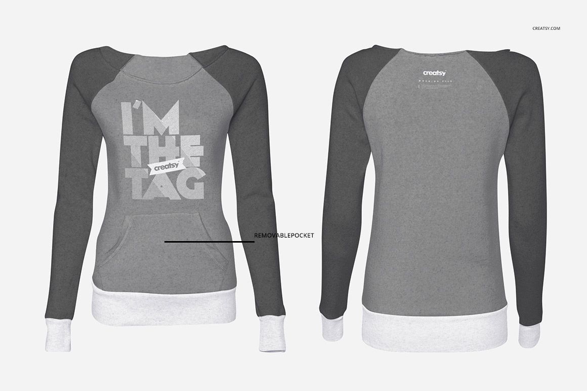 Front and back view of a women's sweatshirt mockup in dark gray and light gray, displayed on a plain white background.