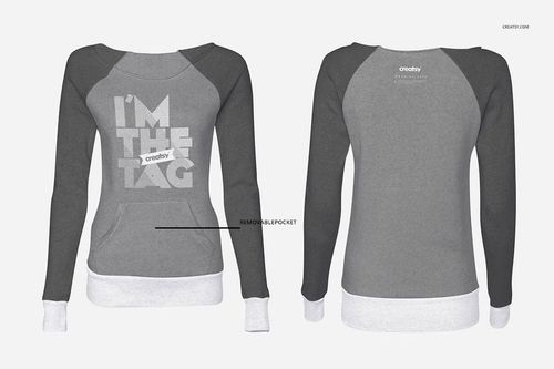 Front and back view of a women's sweatshirt mockup in dark gray and light gray, displayed on a plain white background.