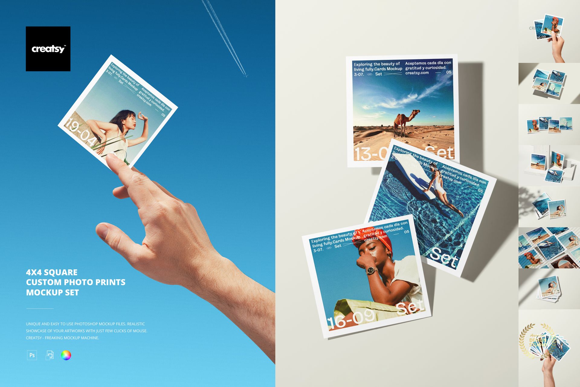 Front view of multiple 4x4 inch square custom photo prints mockup set arranged on a blue surface with various images.