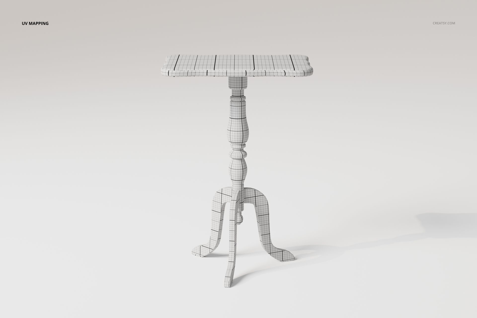 Baroque style round side table 3D model with wireframe texture, shown from a front angle on a plain background.