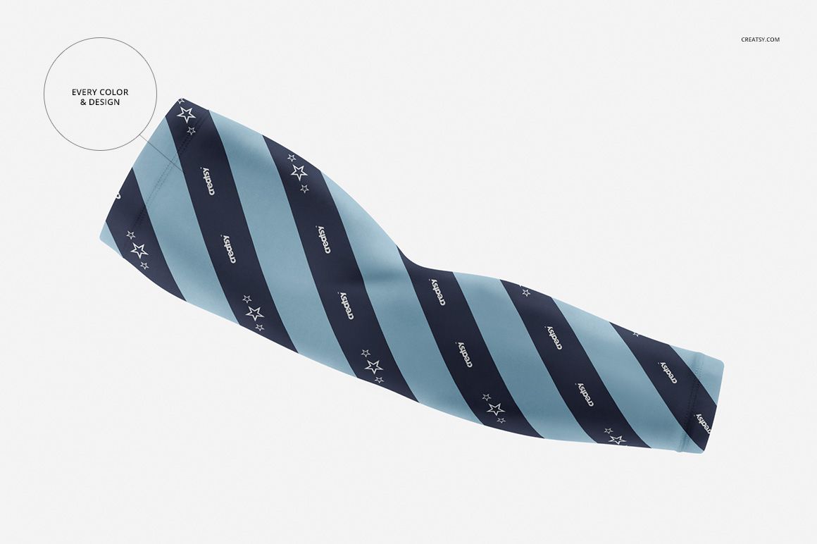 Arm compression sleeve mockup with diagonal blue and navy stripes and small star accents, shown on a plain background.