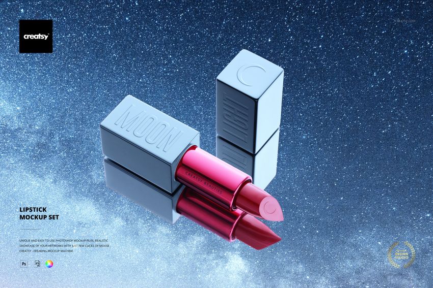 Lipstick mockup set featuring metallic pink and red lipsticks, silver caps, and a textured space-themed background.