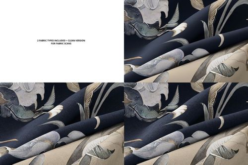PSD mockup displaying two types of folded fabric with intricate floral motifs and neutral backgrounds in a grid layout.