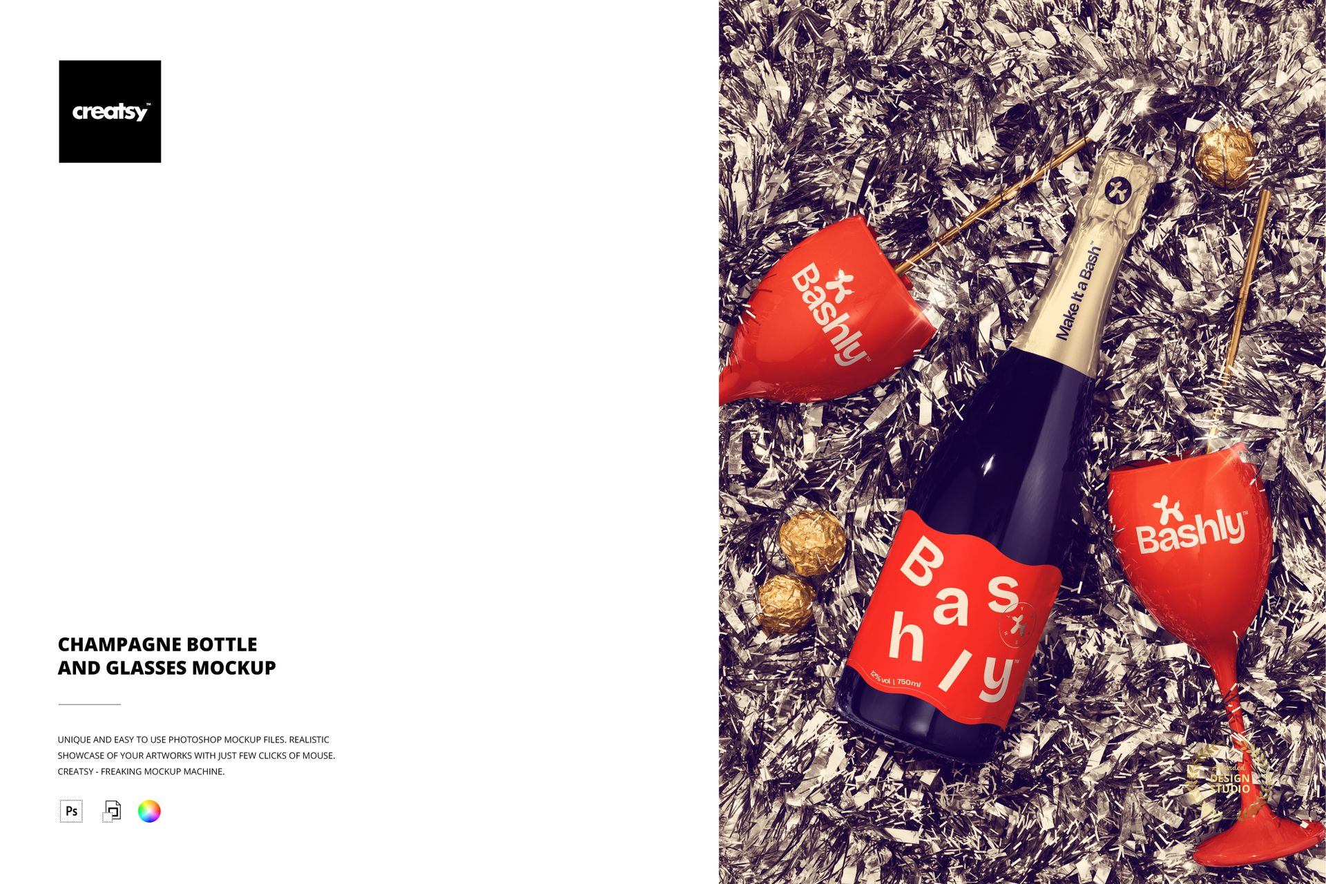 Champagne bottle and two glasses with red labels placed on silver tinsel, top view party supplies mockup scene.