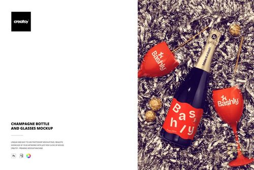 Tinsel Champagne Bottle and Glasses Mockup - mockup preview 1