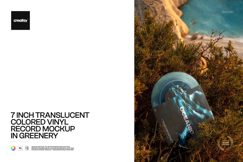 PSD mockup showing a 7 inch translucent green vinyl record and sleeve resting in bushes with sand and water in the background.
