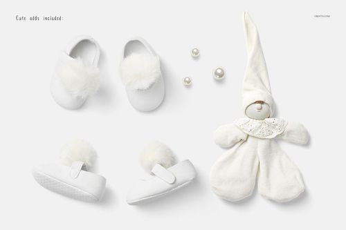 White baby romper mockup set with plush slippers, decorative pearls, and a soft fabric doll on a light background.