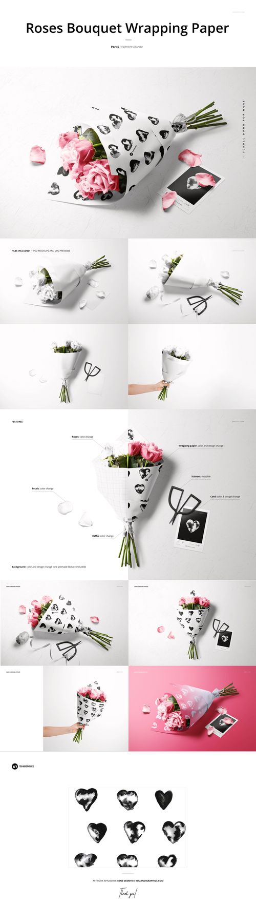 Valentine's themed PSD mockup featuring pink roses in heart-patterned wrapping paper, surrounded by petals and props.