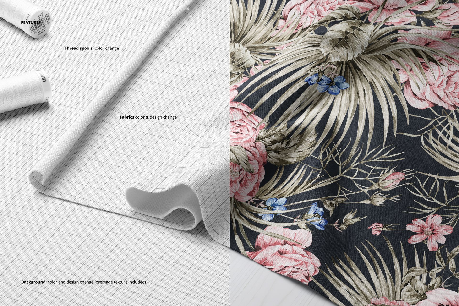 Draped Jersey Fabric and Thread Spools Mockup - mockup screenshot 3