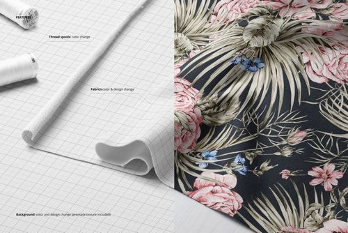 Jersey fabric mockup featuring a draped cloth with a floral pattern and thread spools on a grid background.