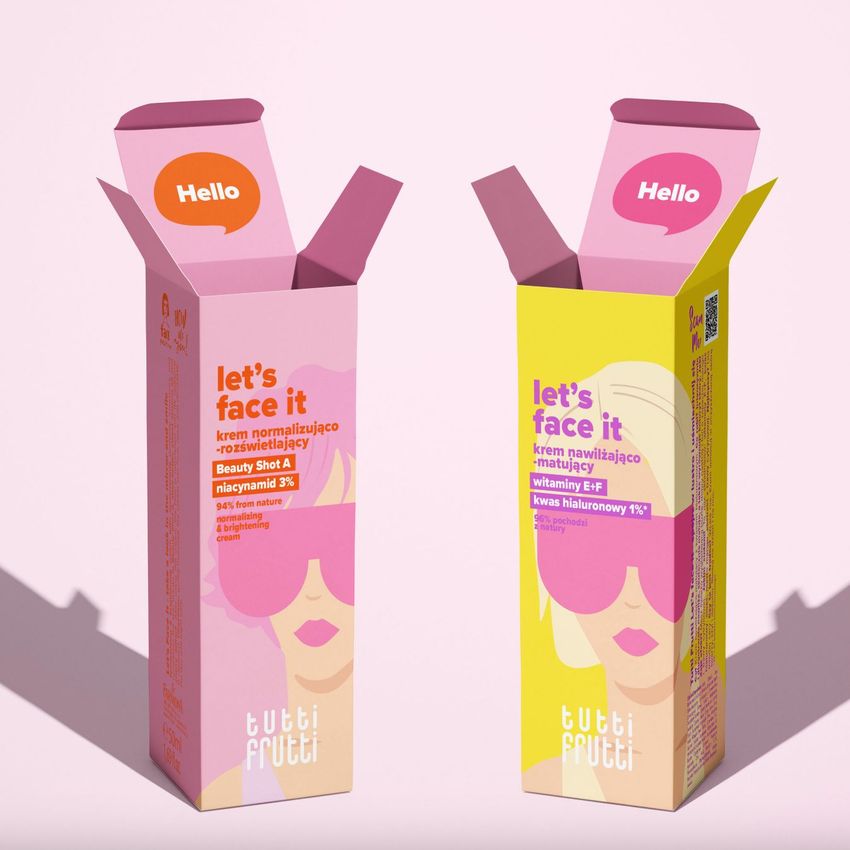 Tall box mockup featuring two colorful packaging boxes with open lids, bold text, and illustrated faces on a light background.