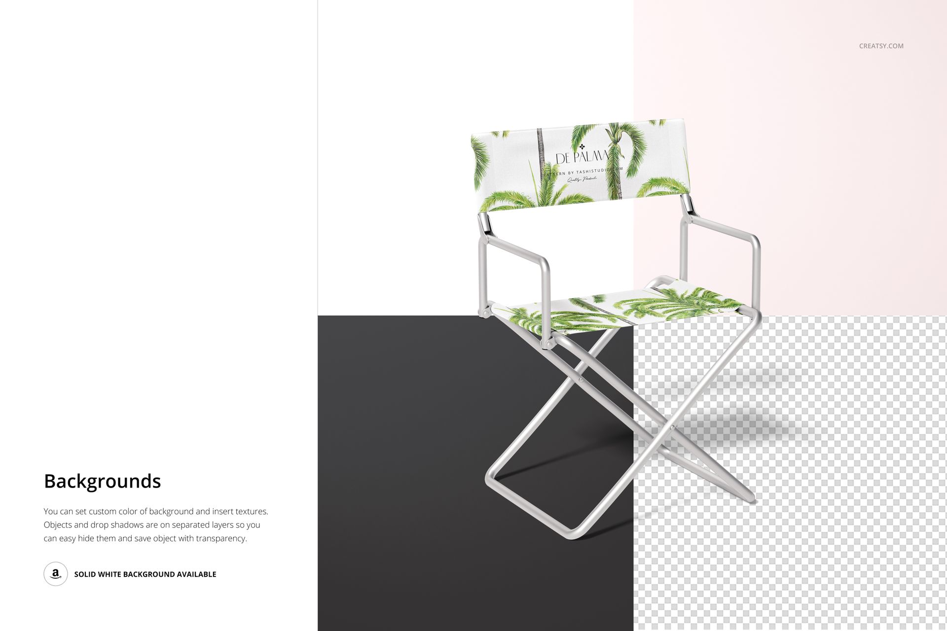 Front view of a director's chair mockup featuring a green palm leaf design on the seat and backrest, with metal arms.