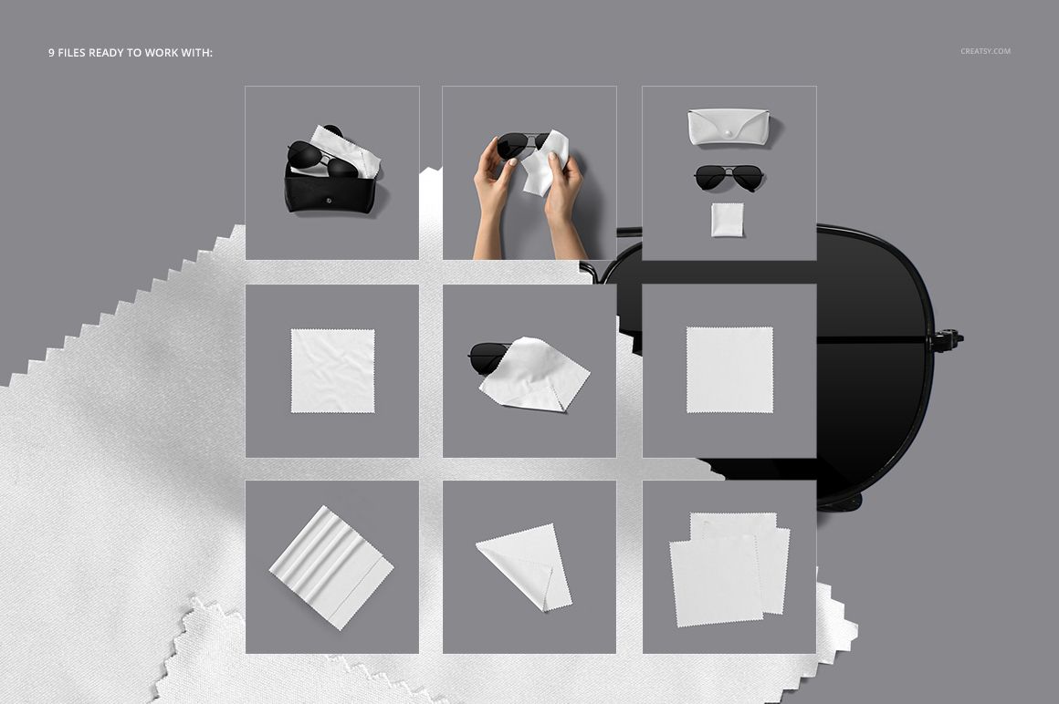 Microfiber glasses cleaning cloth mockup set featuring various white cloths and sunglasses on a gray background.